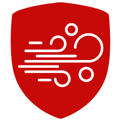 Red shield with symbol of white air "puffs"