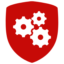 red shield with three white gears