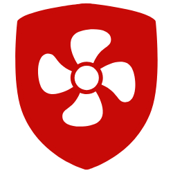 red shield with white fan icon