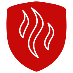 red shield with white flame symbol