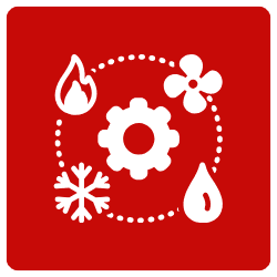 red square with a white gear in the center surrounded by icons for a fan, water droplet, snowflake, and fire linked together by a white dotted circle