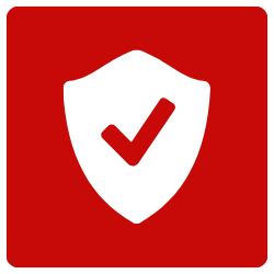 red square with a white shield; a red checkmark is inside the shield